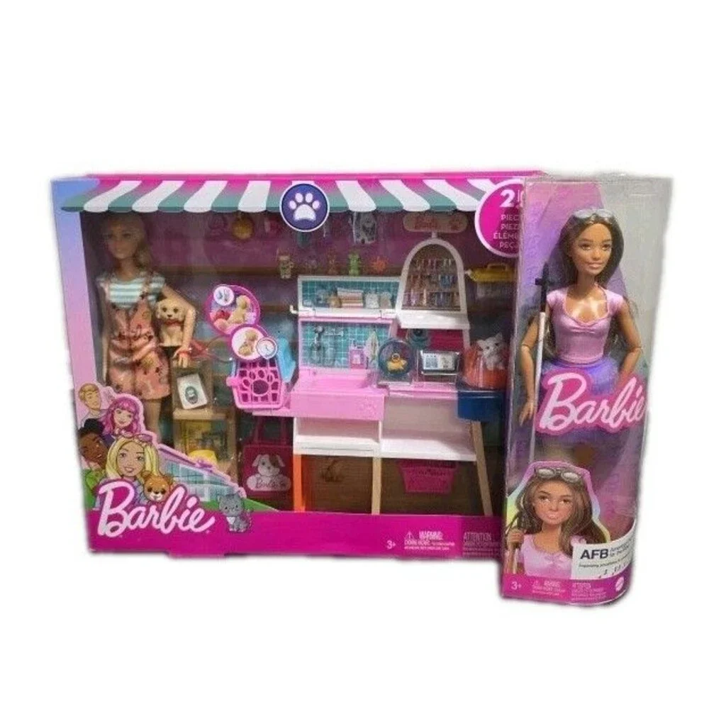 LOT 2 Barbie Sets - Fashionistas #228 Doll‎ Blind w/Cane + Pet Boutique 4 Pets